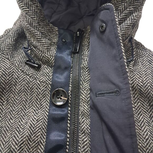 Zara Man Coat Men's Large Gray Herringbone Wool Blend Hooded Heavy Classic - Picture 6 of 12